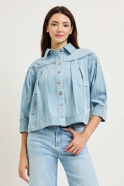 Flowy Denim Jacket W/Pleats