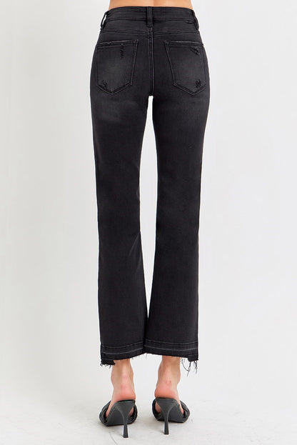 Black Mid-rise Ankle Straight Uneven Hem || Risen