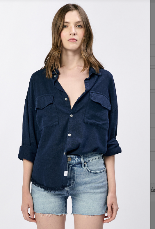 Navy Linen Button-up W/ Raw Hem
