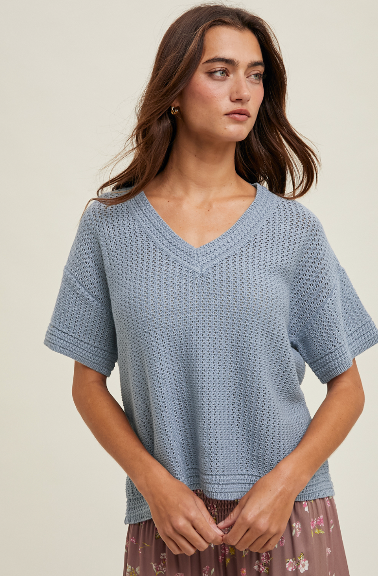 Blue Crochet SS V-Neck (Wishlist)