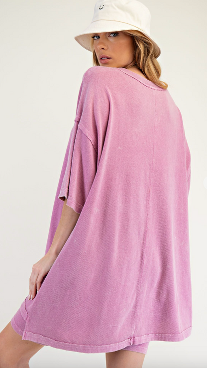 Magenta Pink 1/2 Sleeve Mineral Wash Tee