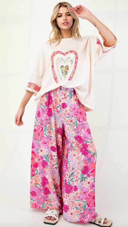 Blush Floral Rayon Wide Leg Pants