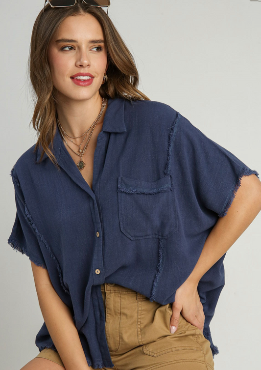 Navy Fringe Detail Button Up