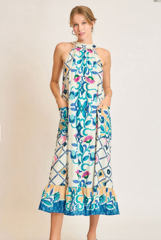 Chambray Mix Halter Maxi