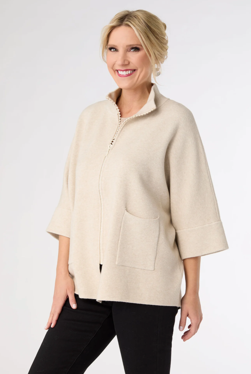 Oatmeal Heavenly-Luxe Rhinestone Zip Front Cardigan