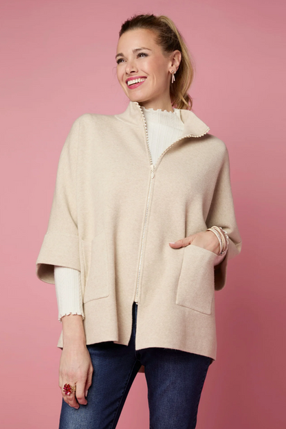 Oatmeal Heavenly-Luxe Rhinestone Zip Front Cardigan