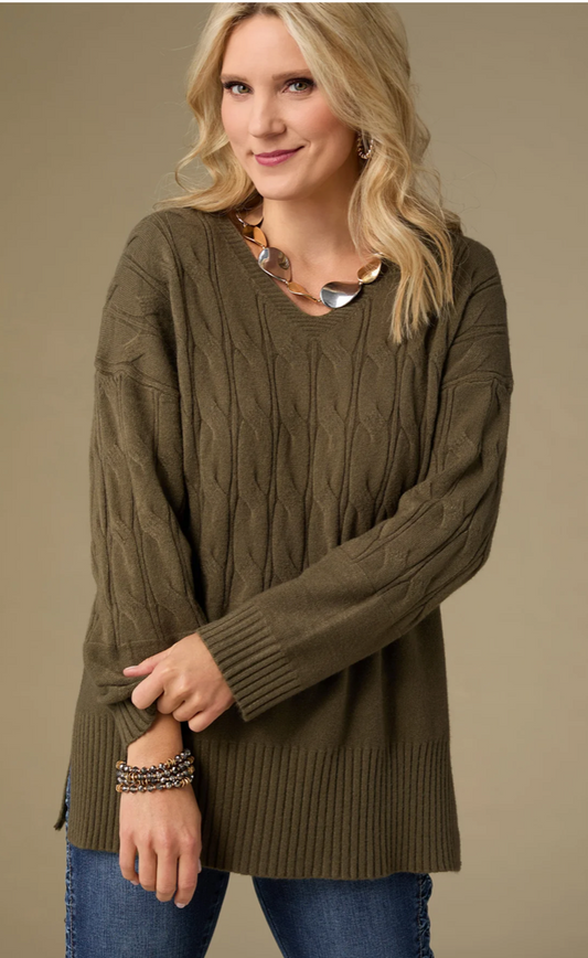 Olive Heavenly-Luxe V-Neck Cable Sweater