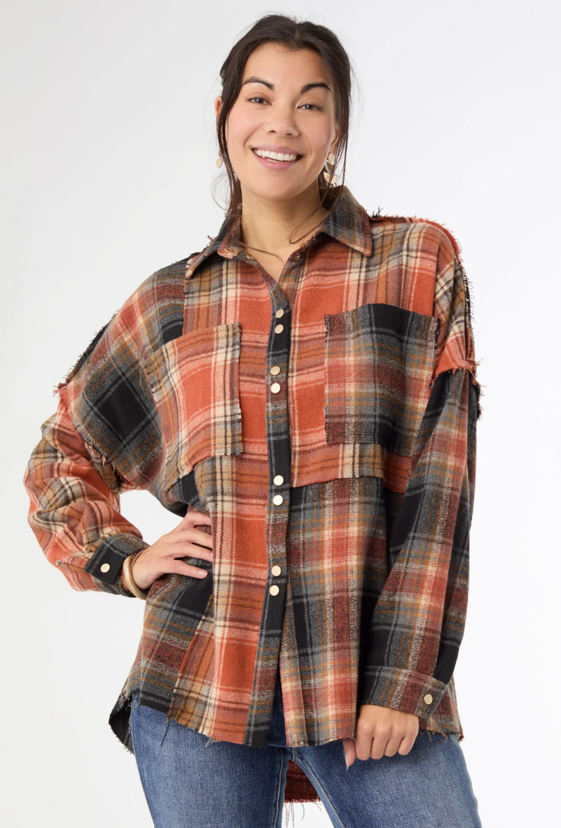 Lizzi Rust/Charcoal Raw Trim Pieced Flannel