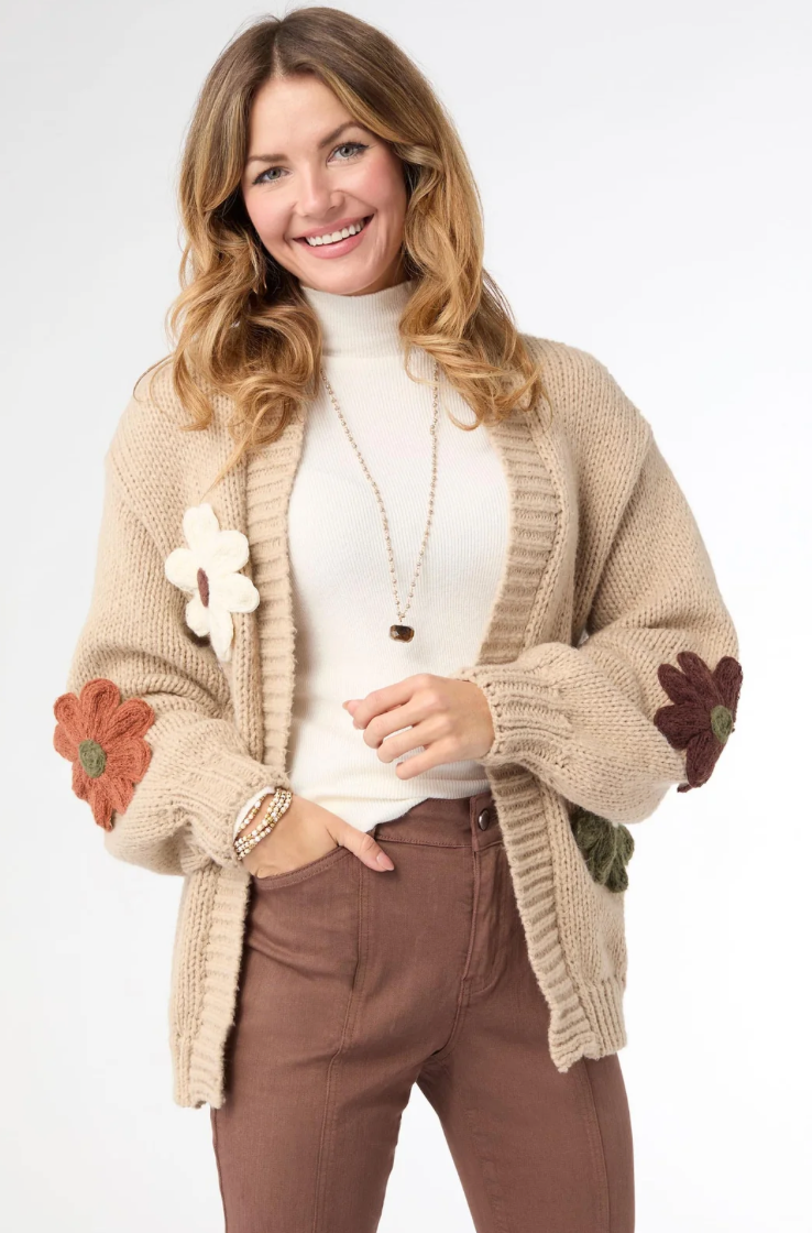Caroline Tan Open Cardigan w/Flower Detail