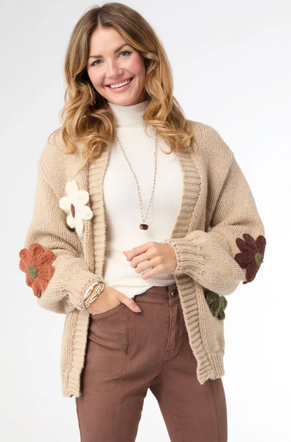 Caroline Tan Open Cardigan w/Flower Detail