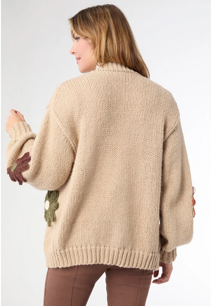 Caroline Tan Open Cardigan w/Flower Detail
