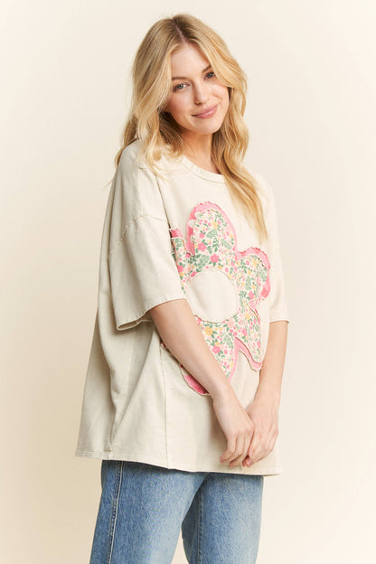 Natural Mineral Washed Floral Flower Patched Shirt