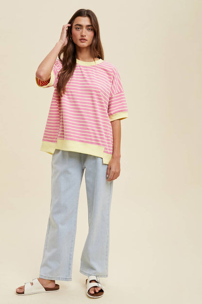 Pink/Lemon Contrast Stripe Drop Shoulder Top