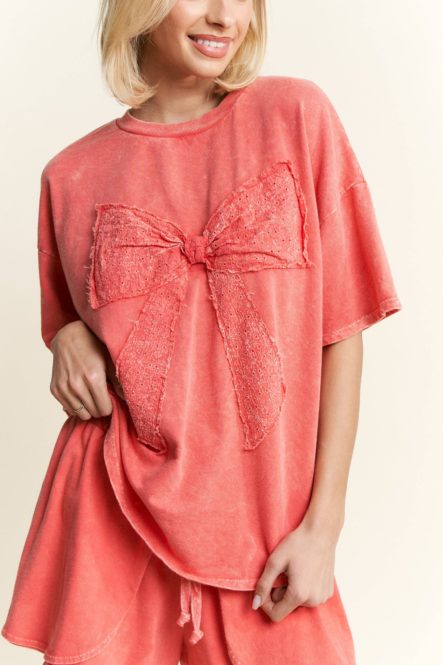 Red Orange Mineral Wash Ribbon Bow SS