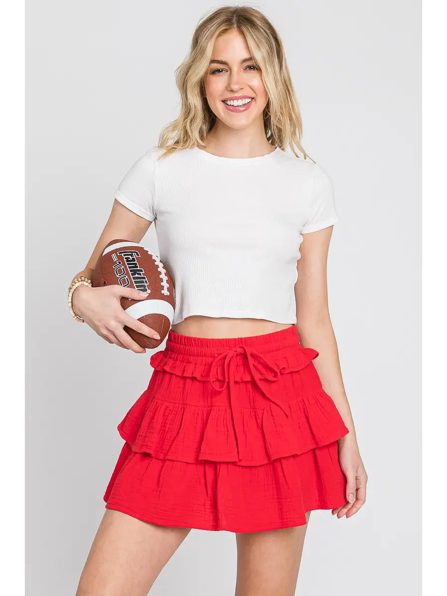 Game Day Tiered Gauze Ruffle Mini Skirt