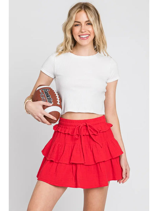 Game Day Tiered Gauze Ruffle Mini Skirt