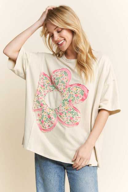 Natural Mineral Washed Floral Flower Patched Shirt