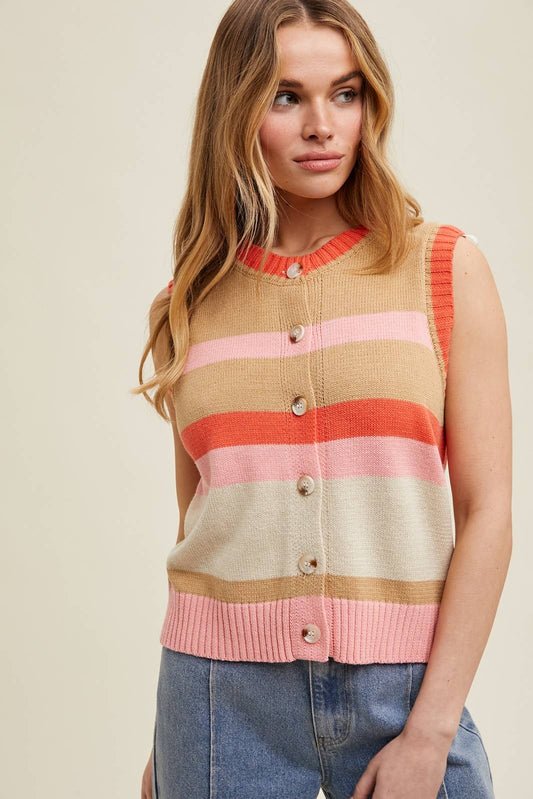Multi-color Striped Button-up Sweater Vest