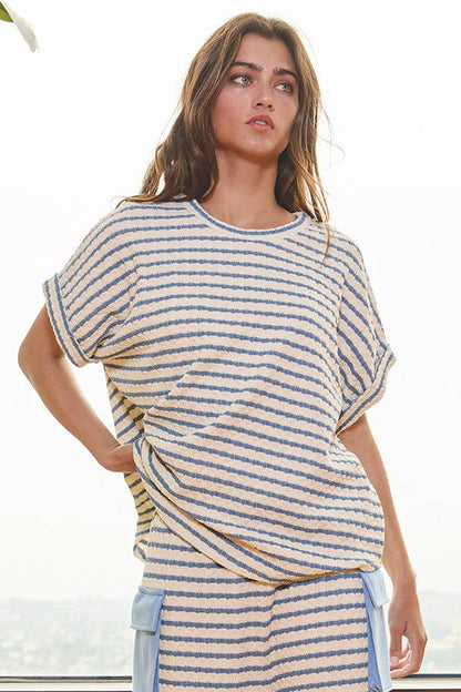 Blue Textured Stripe Dolman Sleeve Top