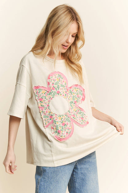 Natural Mineral Washed Floral Flower Patched Shirt
