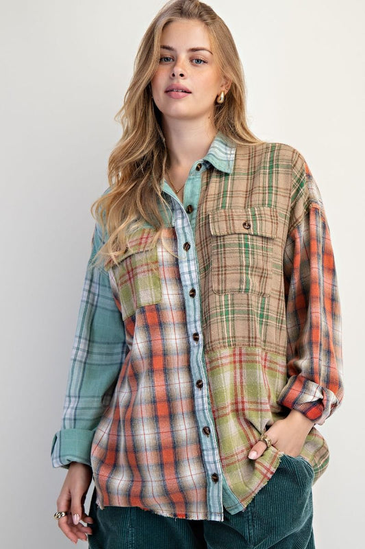 Ivy Sage Combo Plaid Button Down