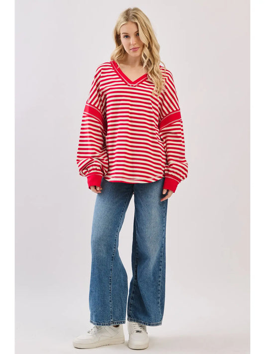 Striped Balloon Sleeve V-Neck Knit Top