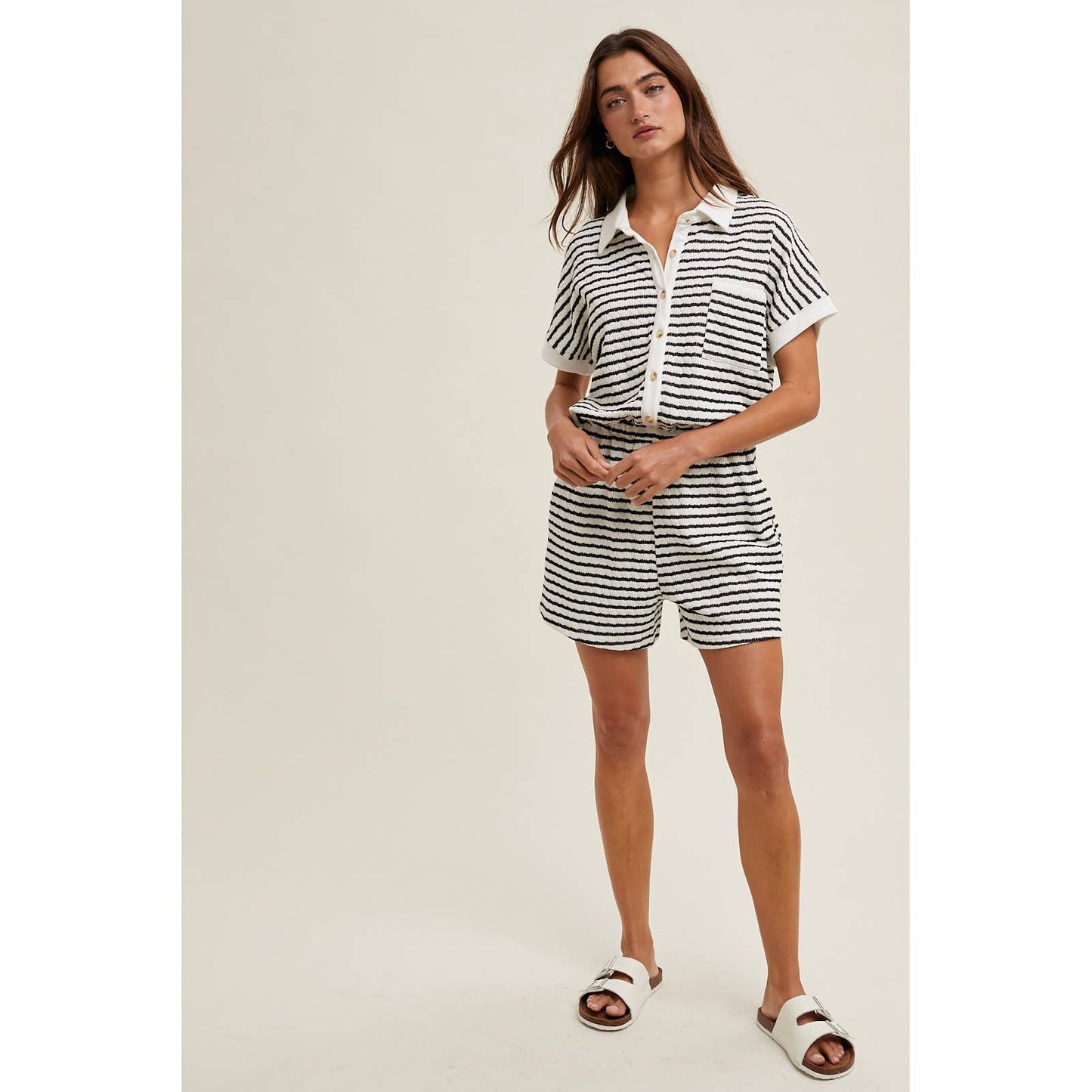 Black/White Striped Collared Romper