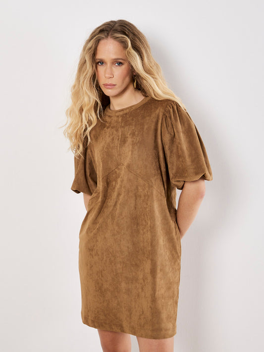 Brown Suede Mini Puff Sleeve Dress